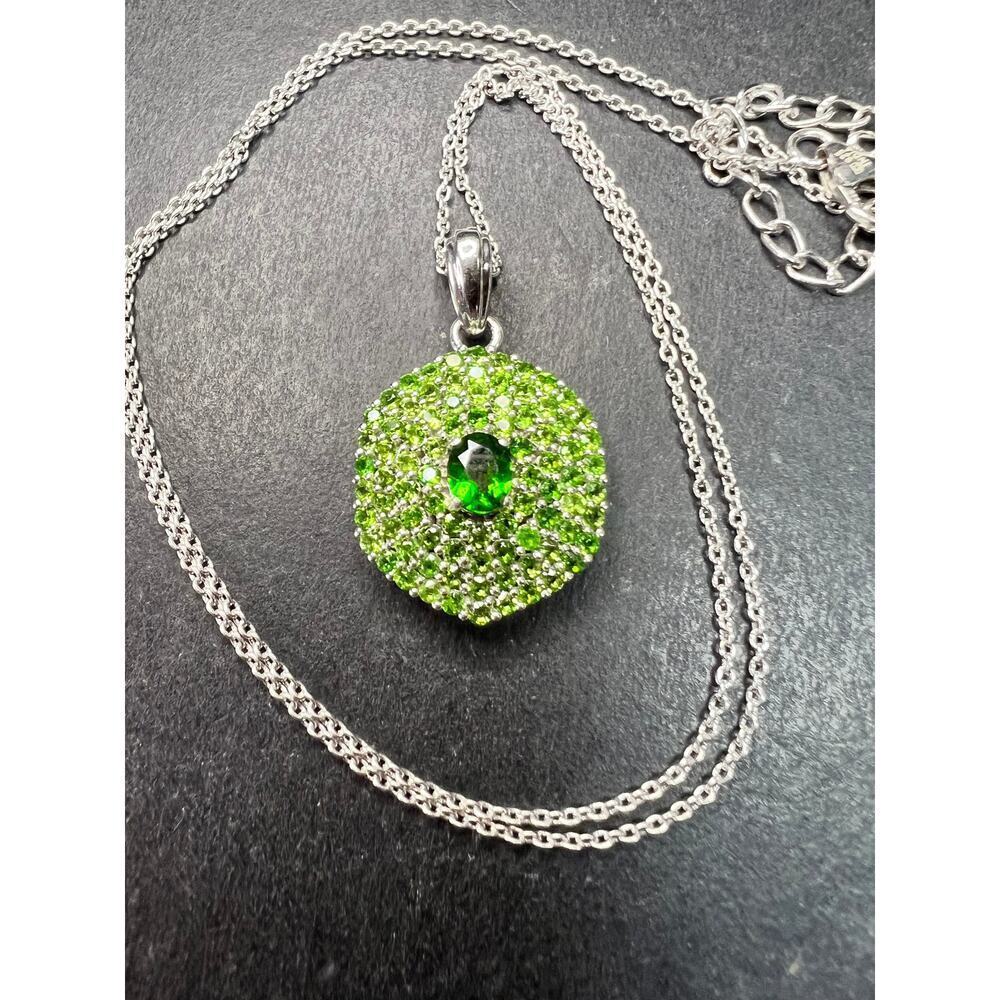 Chrome Diopside Sterling Silver Halo Pendant Necklace 18-20”